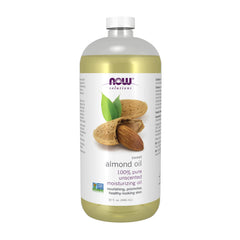 NOW Foods Sweet Almond Oil bottle—unscented moisture for skin hydration.