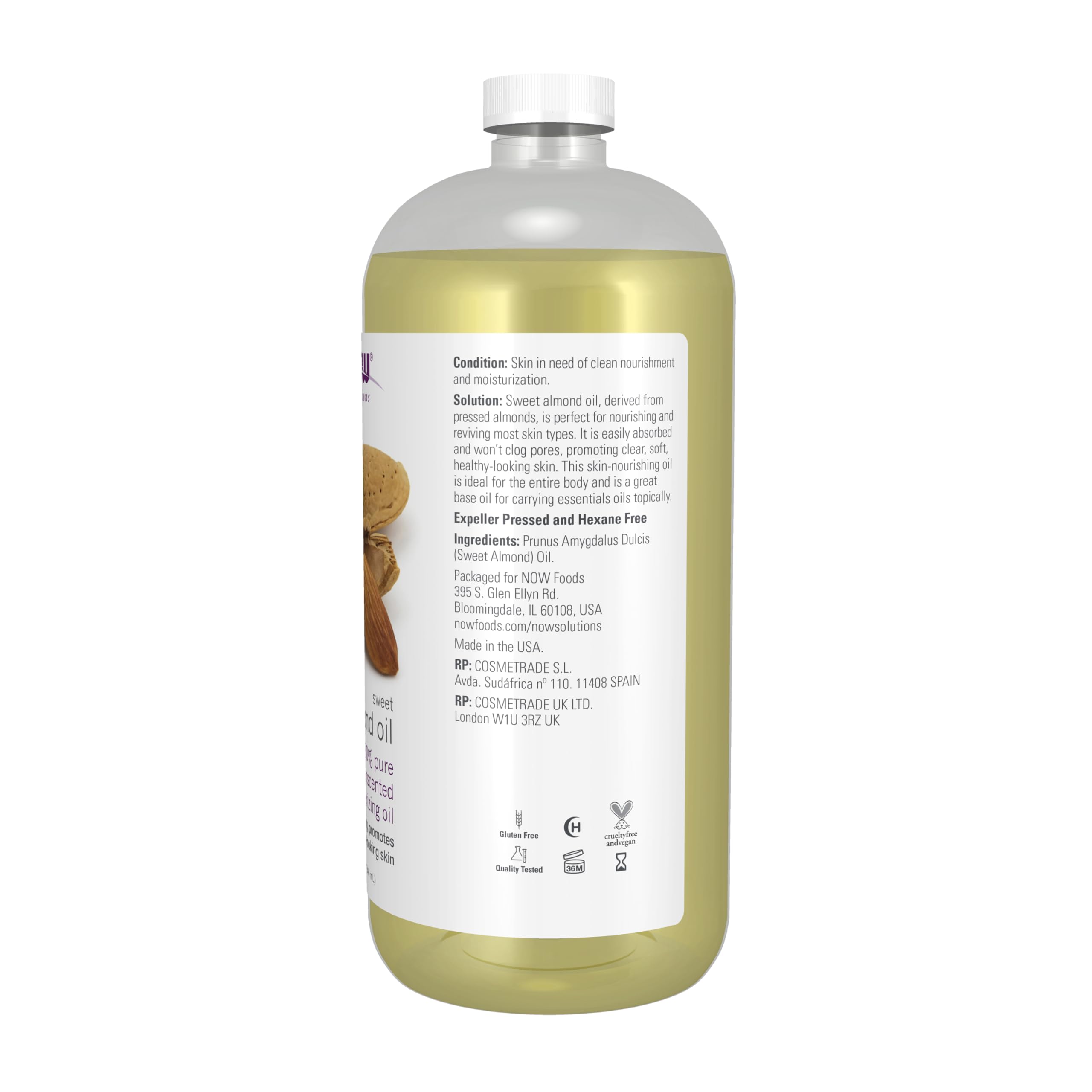 NOW Foods Sweet Almond Oil texture close-up shows light, non-greasy nourishment.