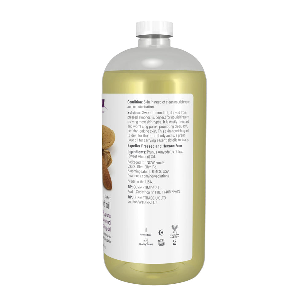 NOW Foods Sweet Almond Oil texture close-up shows light, non-greasy nourishment.