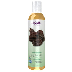 NOW Foods Organic Jojoba Oil bottle for all-over hydration for face, hair, and body.
