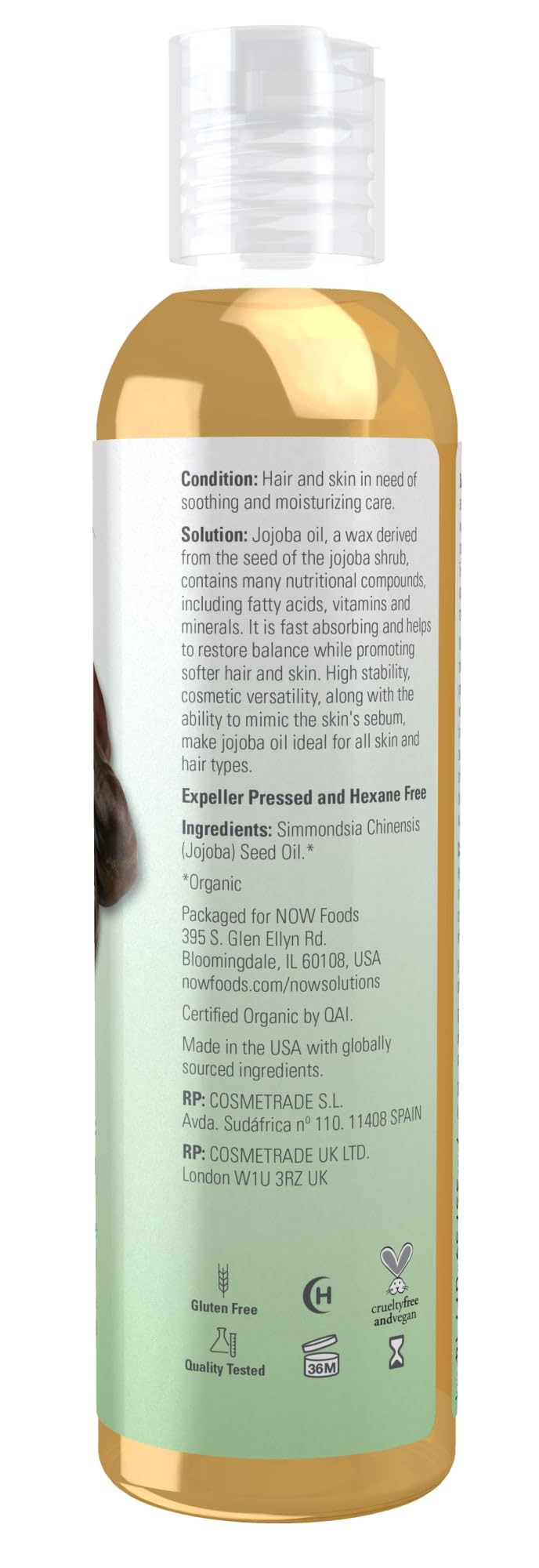 NOW Foods Organic Jojoba Oil pour shot suggests quick absorption for scalp and skin.