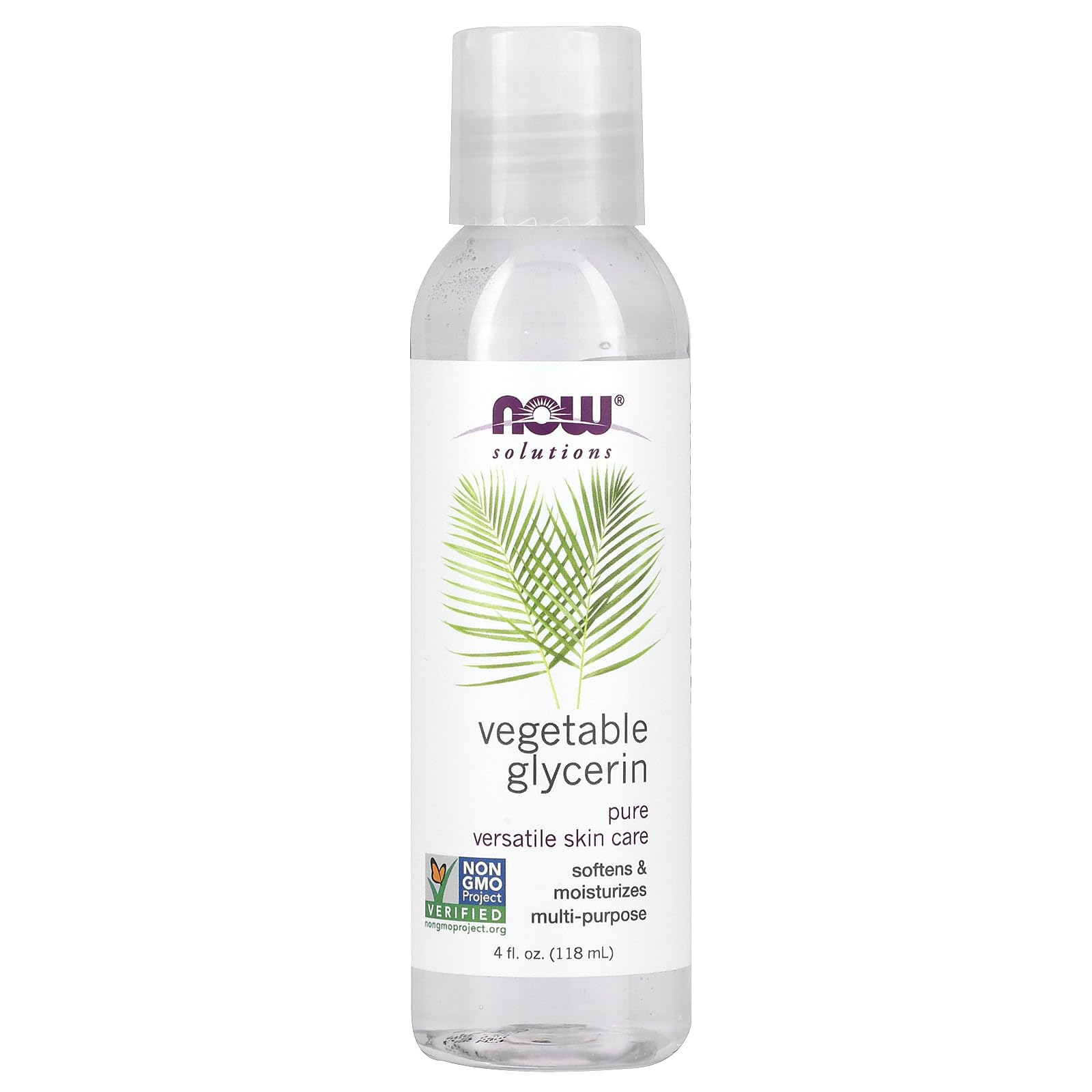 NOW Foods Vegetable Glycerin 4oz bottle close-up for skin care and DIY use