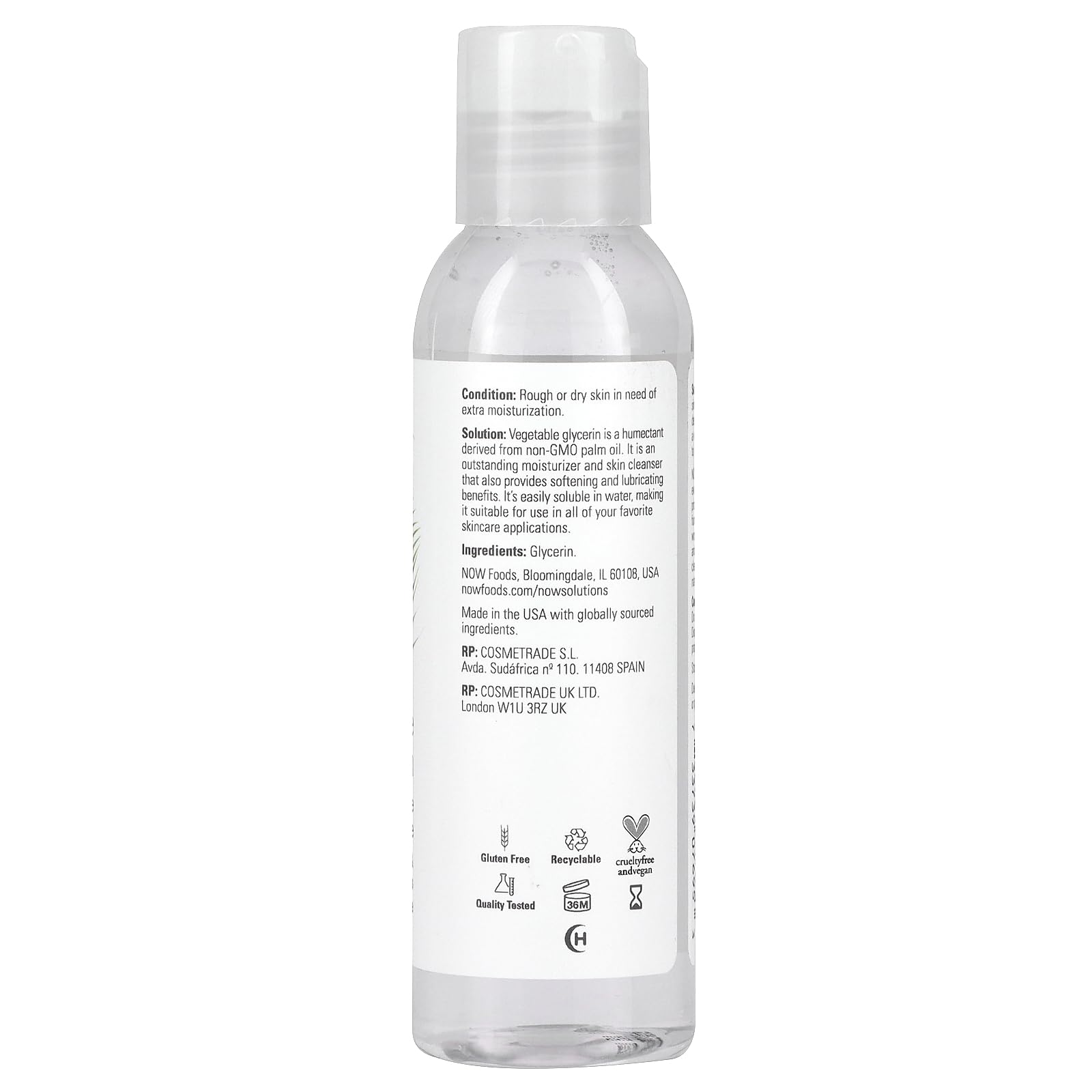 NOW Foods Vegetable Glycerin 4oz packaging on display for natural formula