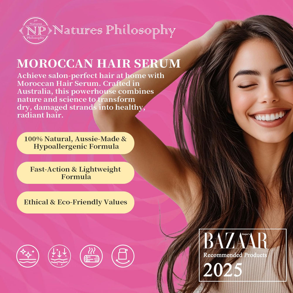 NP NATURES PHILOSOPHY anti frizz results on styled hair shown up close.