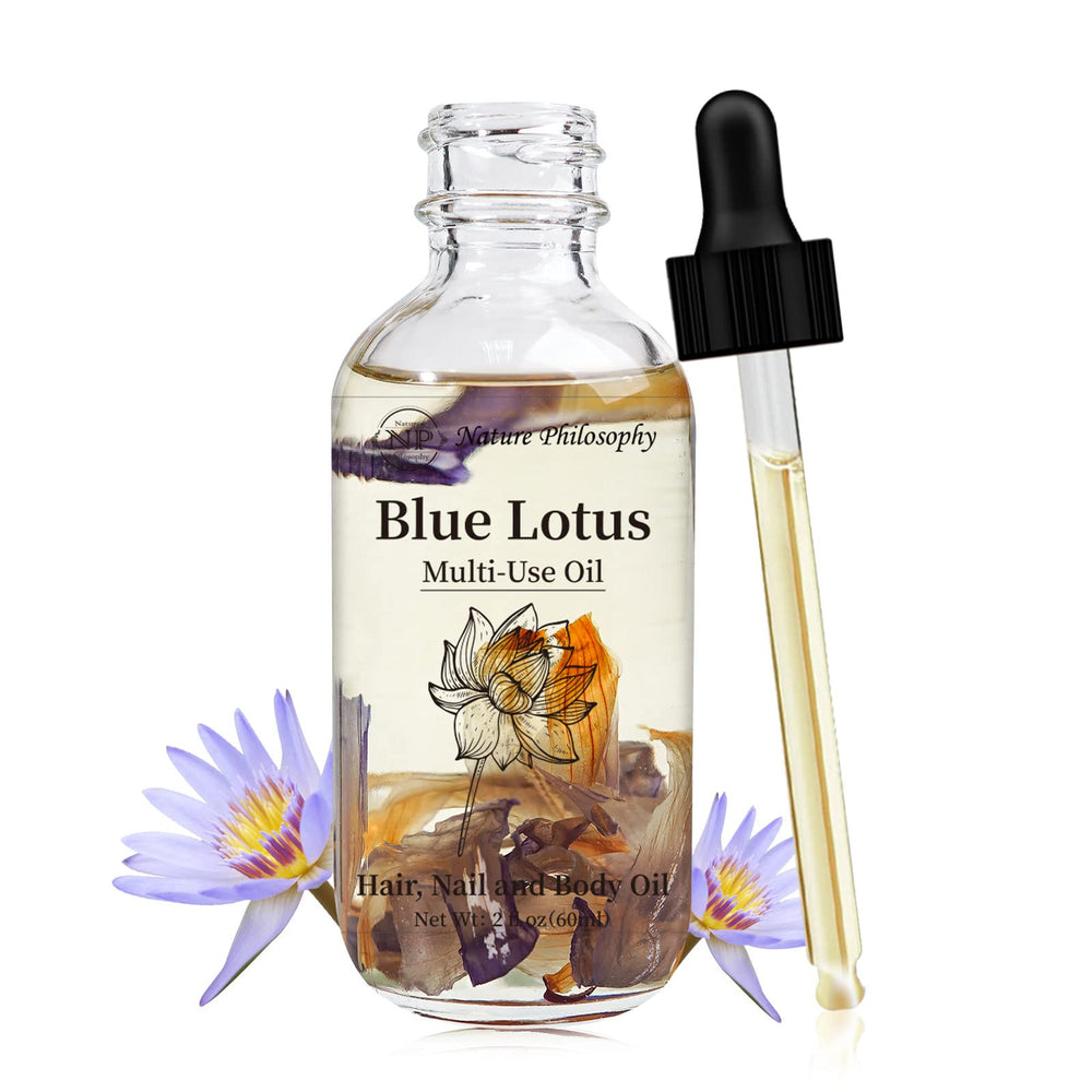 NP NATURES PHILOSOPHY blue lotus oil bottle for hydration and quick absorption.