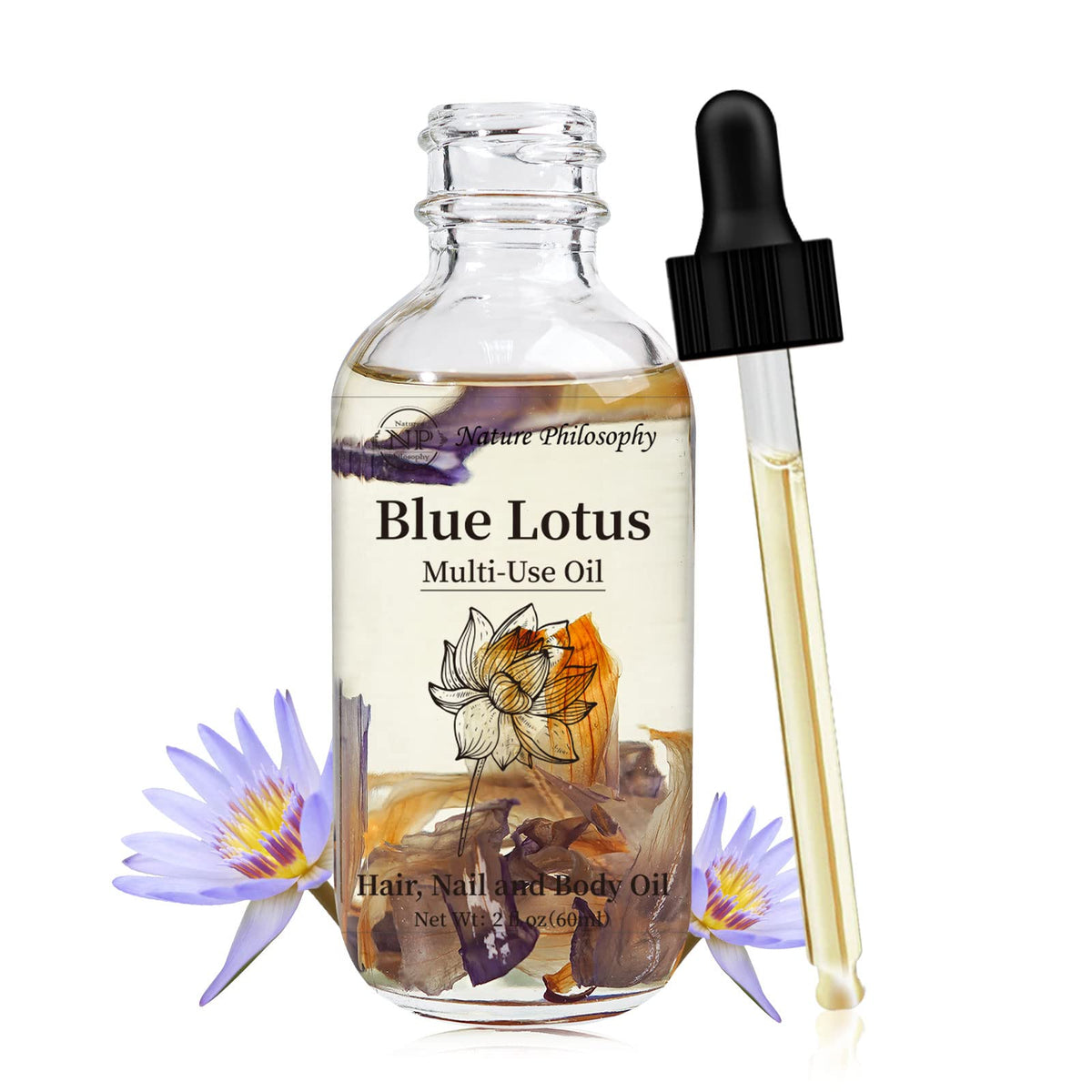 NP NATURES PHILOSOPHY blue lotus oil bottle for hydration and quick absorption.