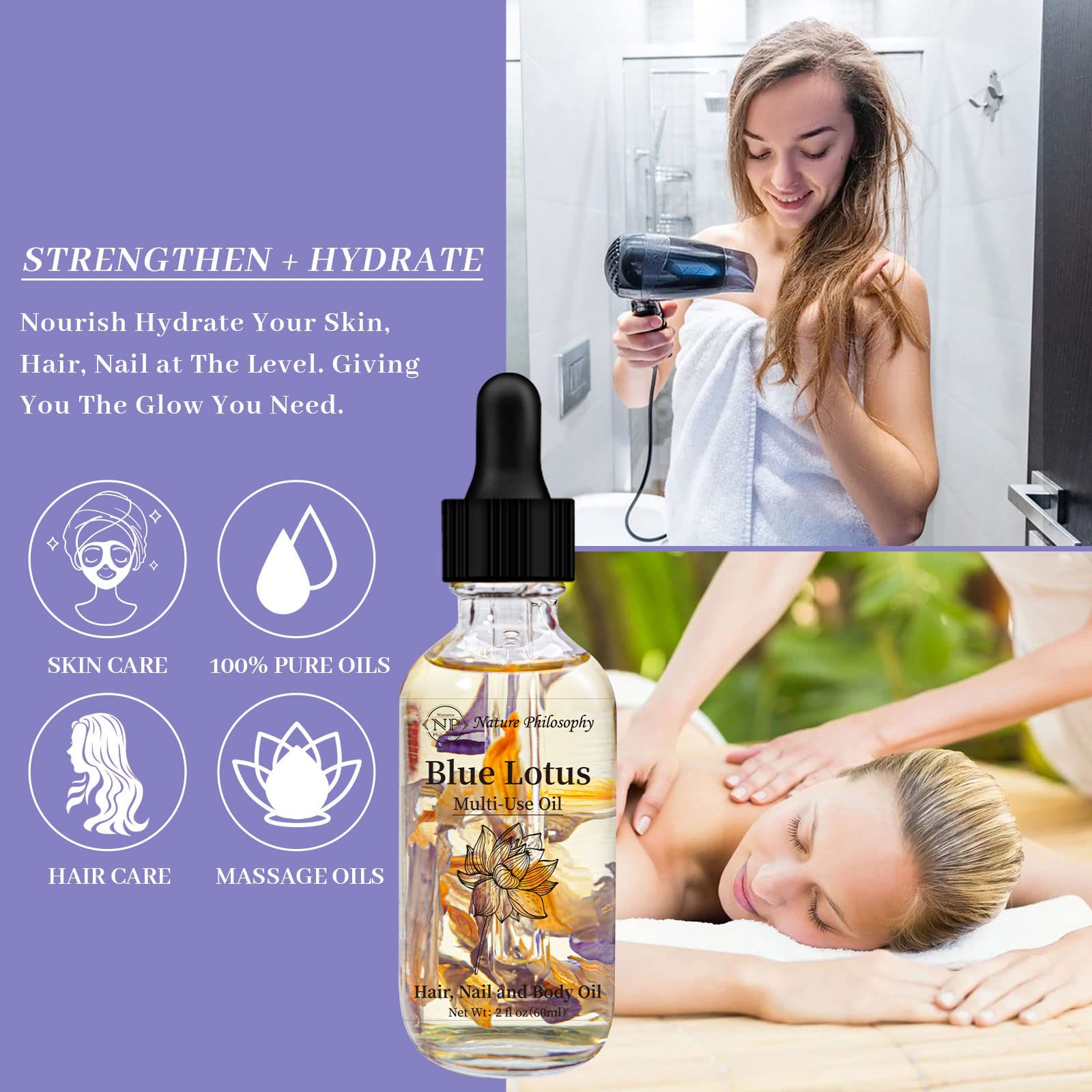 NP NATURES PHILOSOPHY blue lotus oil texture close-up shows quick absorption.