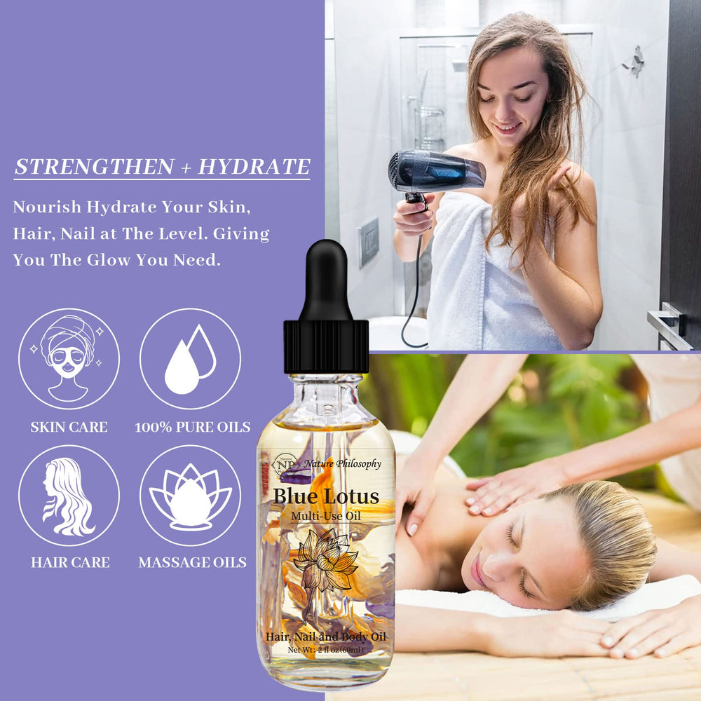 NP NATURES PHILOSOPHY blue lotus oil texture close-up shows quick absorption.