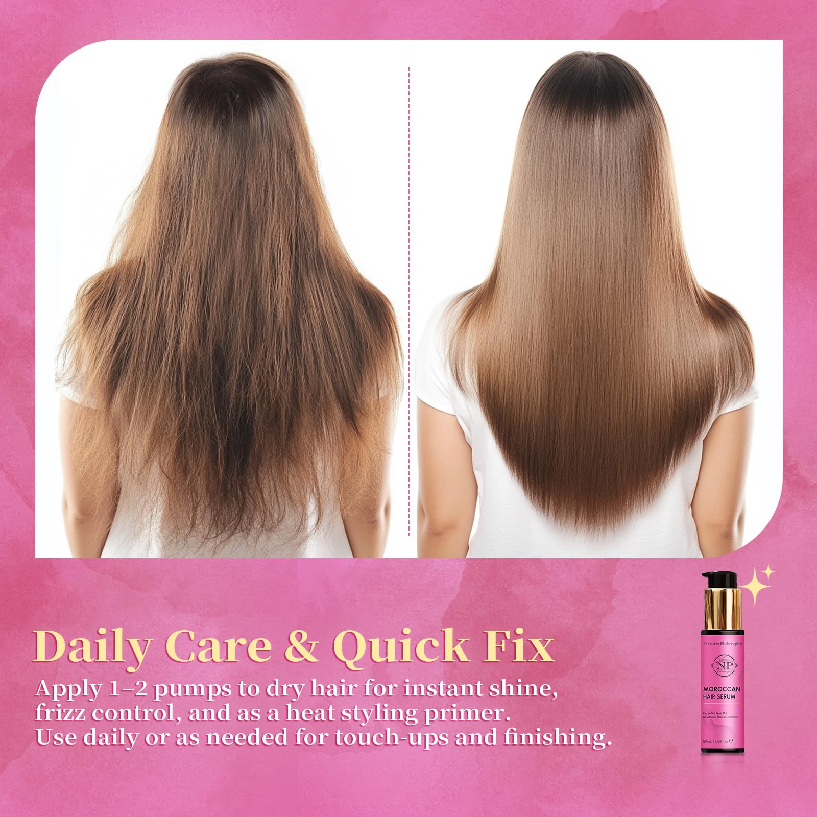 NP NATURES PHILOSOPHY heat guard shield on hair during styling.