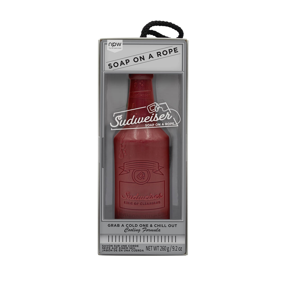 NPW Sudweiser soap-on-a-rope beer bottle shape for playful handwashing and party moments.