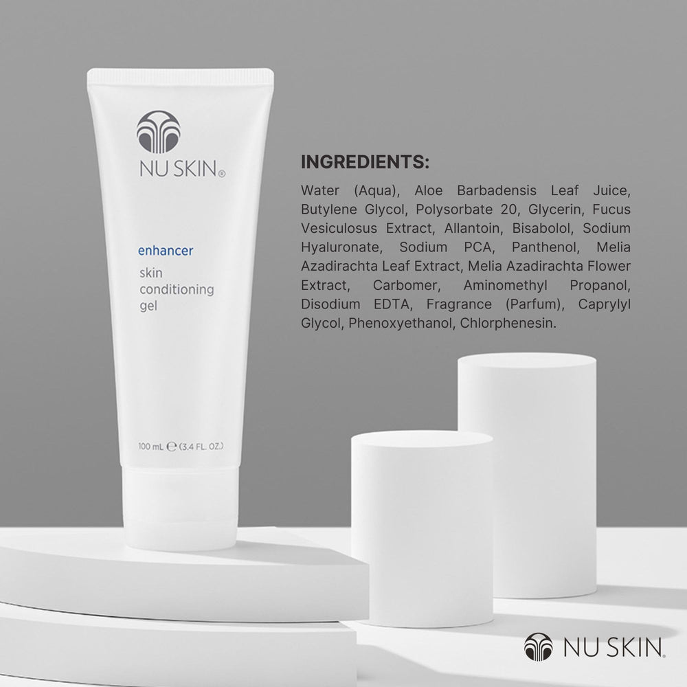 Nu Skin Enhancer Skin Conditioning Gel packaging is travel-friendly for on-the-go care.