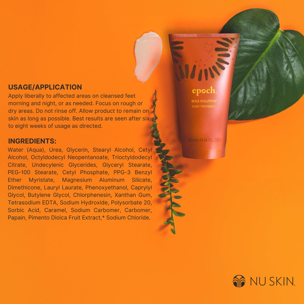 Nu Skin Epoch Sole Solution cream texture on skin suggests smoothing relief for rough heels
