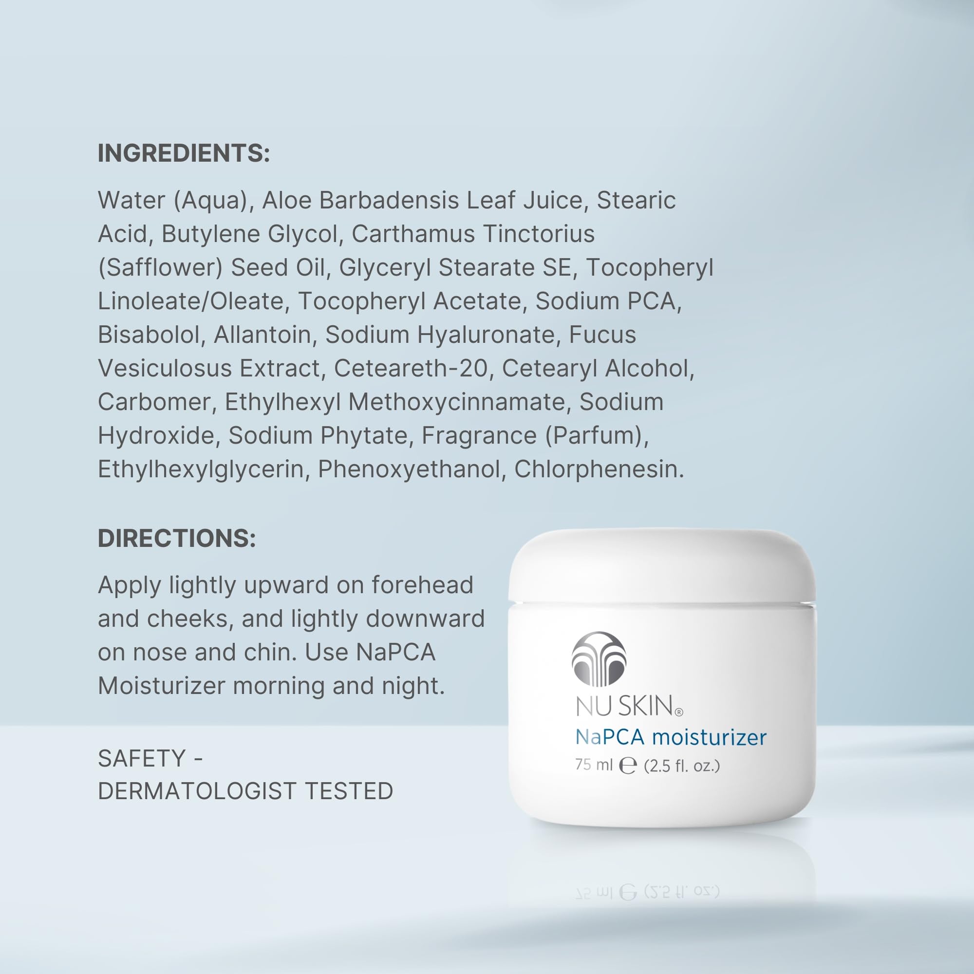 Nu Skin NaPCA Moisturizer lightweight, non-greasy texture in use.