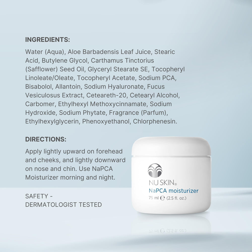 Nu Skin NaPCA Moisturizer lightweight, non-greasy texture in use.