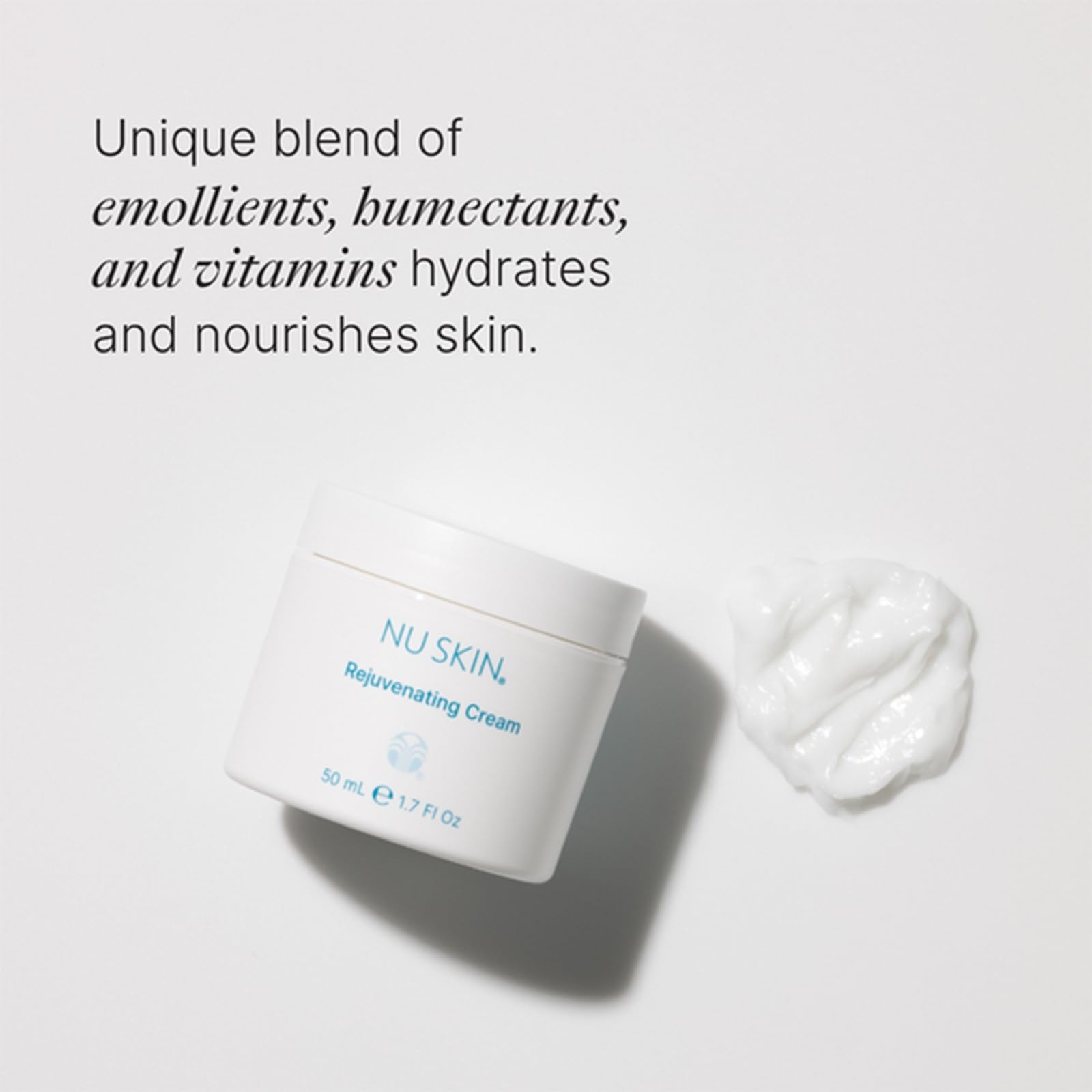 Nu Skin Rejuvenating Cream vitamin blend graphic suggests nourished, healthy-looking skin.