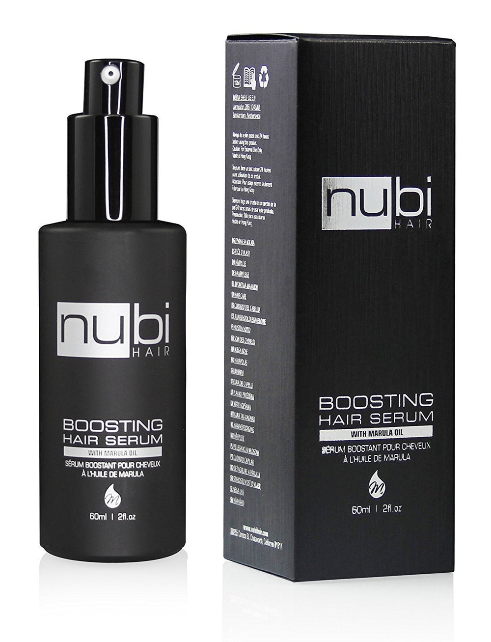 Nubi Hair Marula Anti Frizz Serum bottle pump for smooth frizz control and shine.
