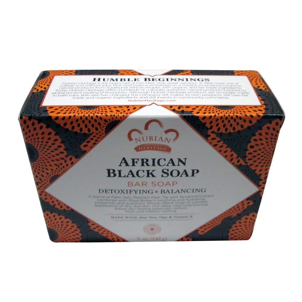 Nubian Heritage African Black Soap bar for balanced, less oily skin with soothing botanicals.