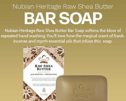 Nubian Heritage ethically traded label on soap packaging promoting responsible sourcing.
