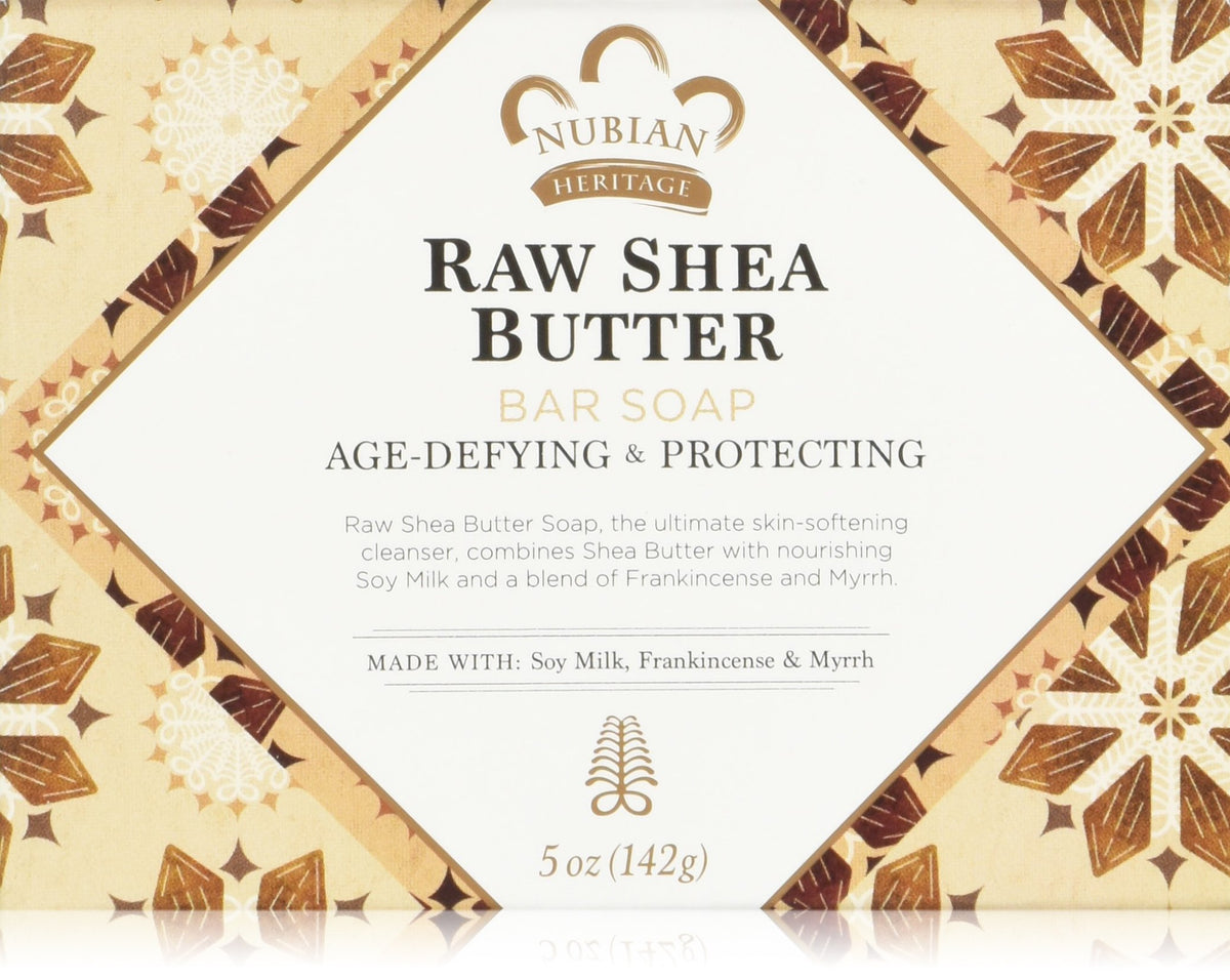 Nubian Heritage Raw Shea & Myrrh bar soap pack shot for affordable everyday cleansing.