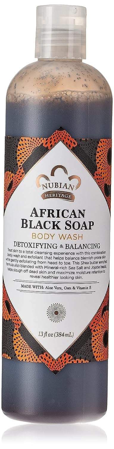 Nubian Heritage Body Wash African Black Soap bottle showcases organic formula for balanced, clean skin.
