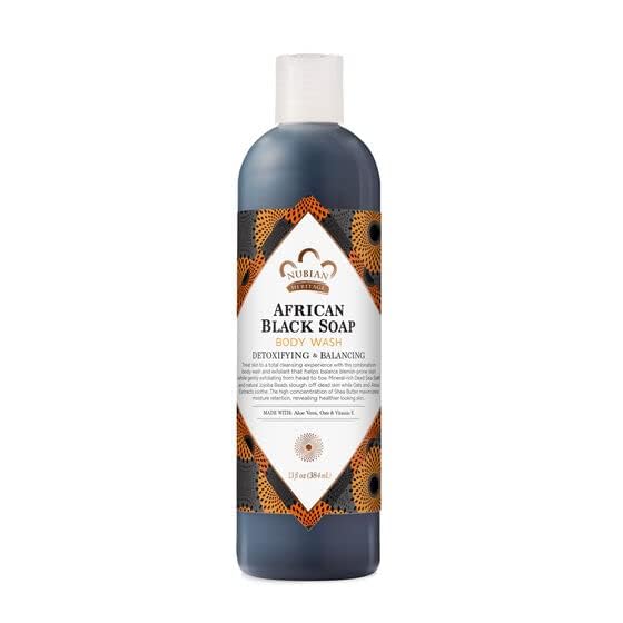 Nubian Heritage African Black Soap body wash with shea butter hydration for smoother skin.