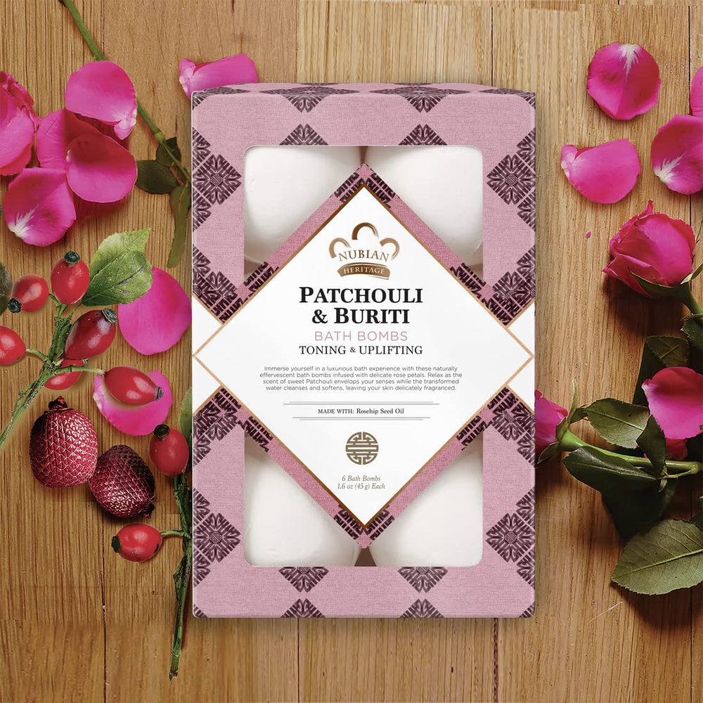 Nubian Heritage Buriti oil tree-of-life concept evokes nourishing bath experience.