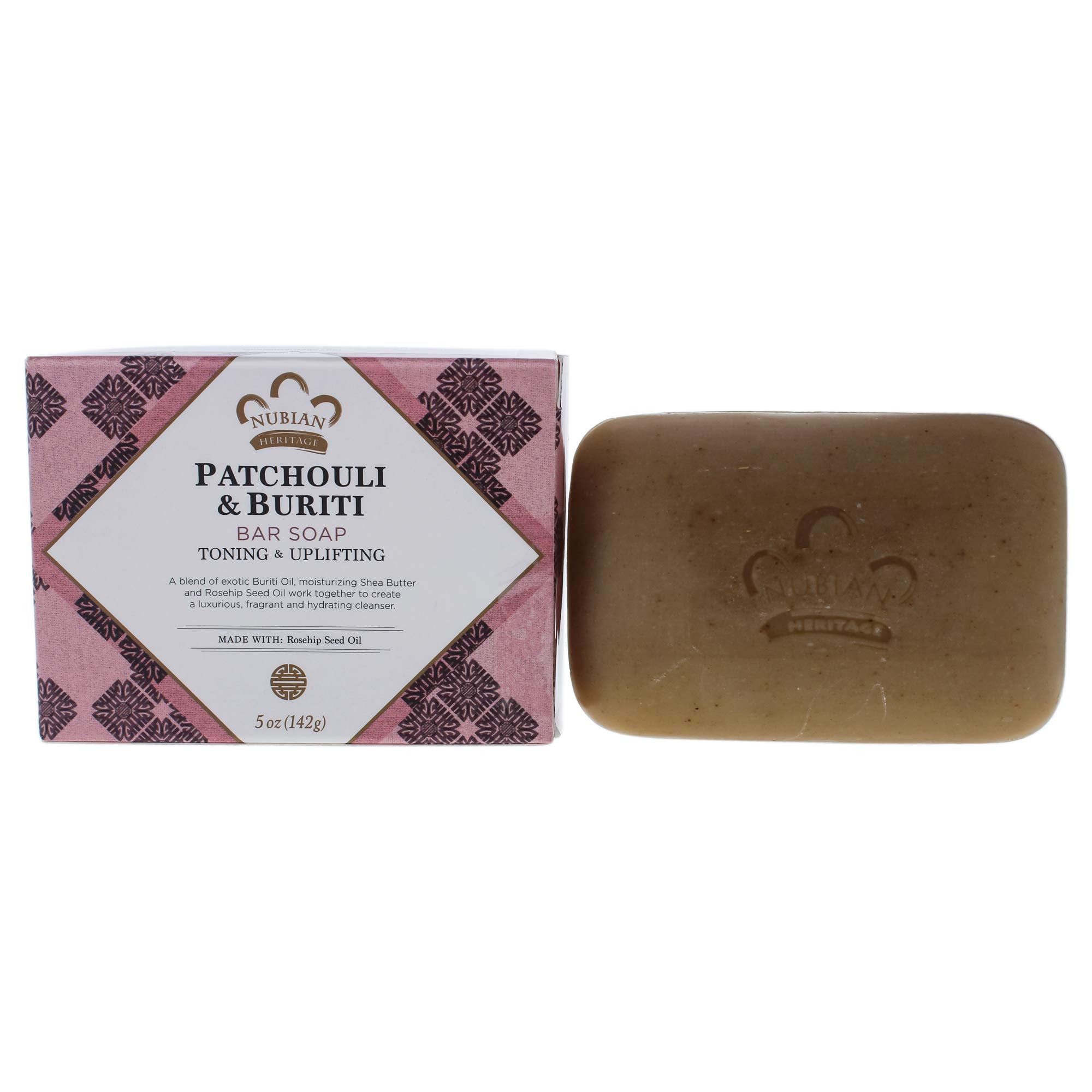 Nubian Heritage barra jabón Patchouli Burití, frente, aroma envolvente para comenzar el día