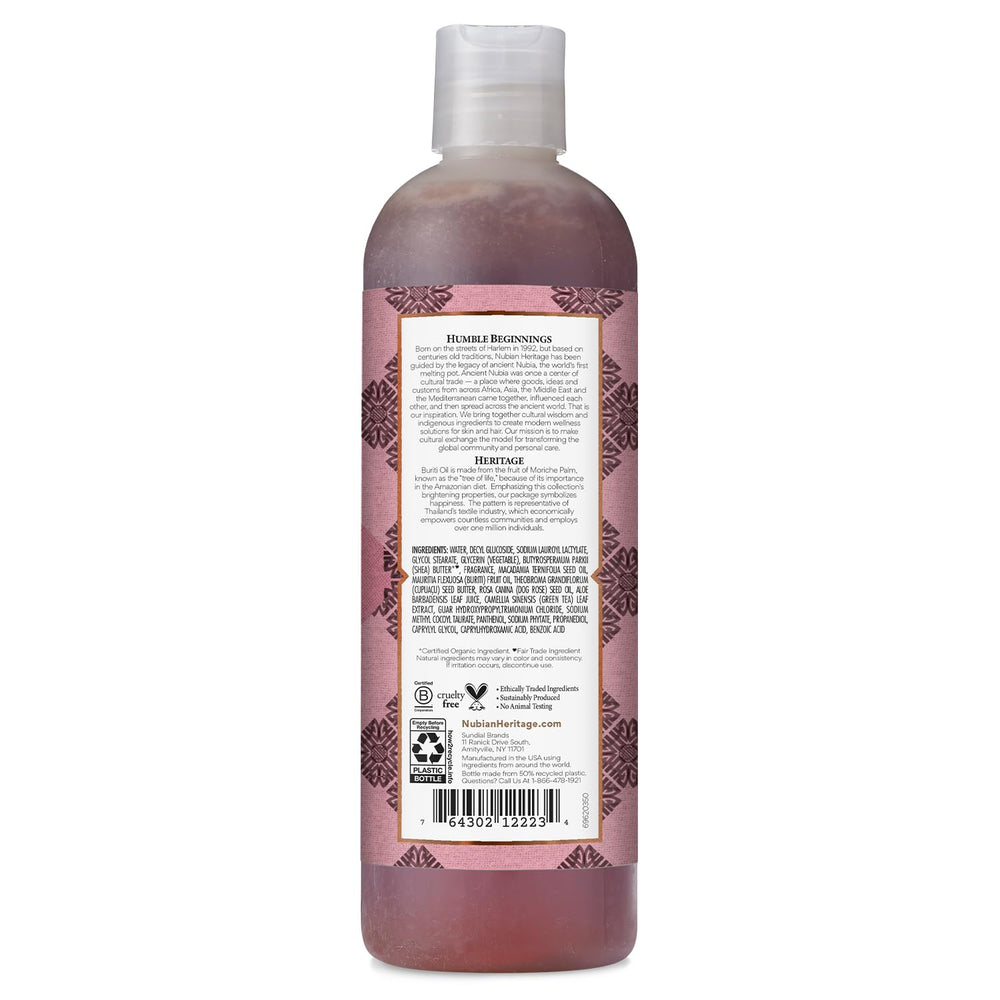 Nubian Heritage Patchouli & Buriti creamy-lather demonstrates nourishing oils and uplifting scent.