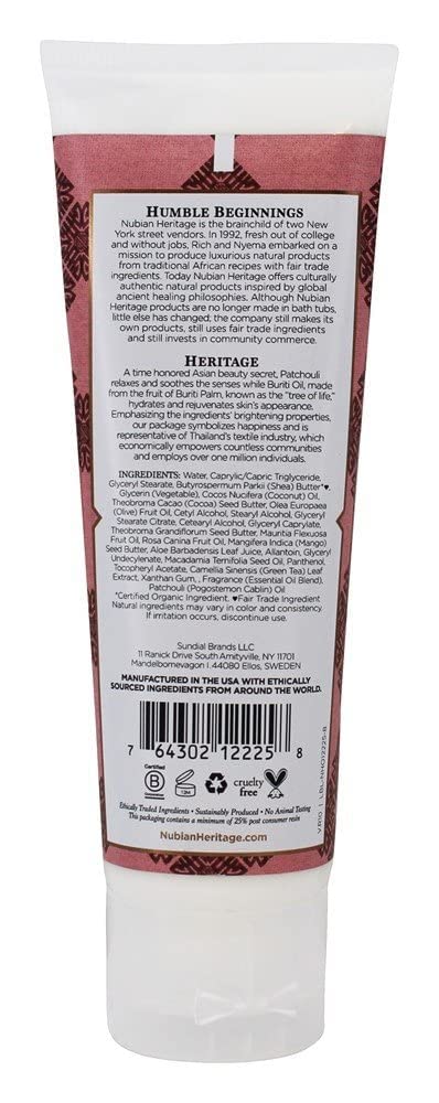 Nubian Heritage Patchouli & Buriti Hand Cream ingredients with shea butter and rosehip oils for nourishment