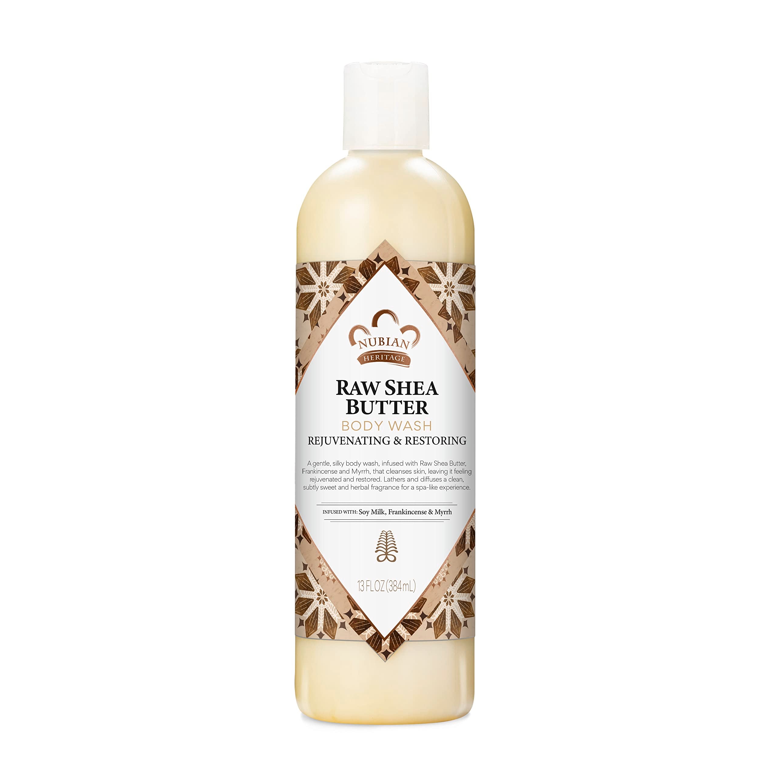 Nubian Heritage Raw Shea Butter Body Wash bottle shows paraben-free formula for sensitive skin