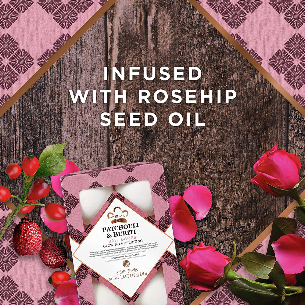 Nubian Heritage Rosehip oil-infused bathbomb highlights nourishing skin benefits.