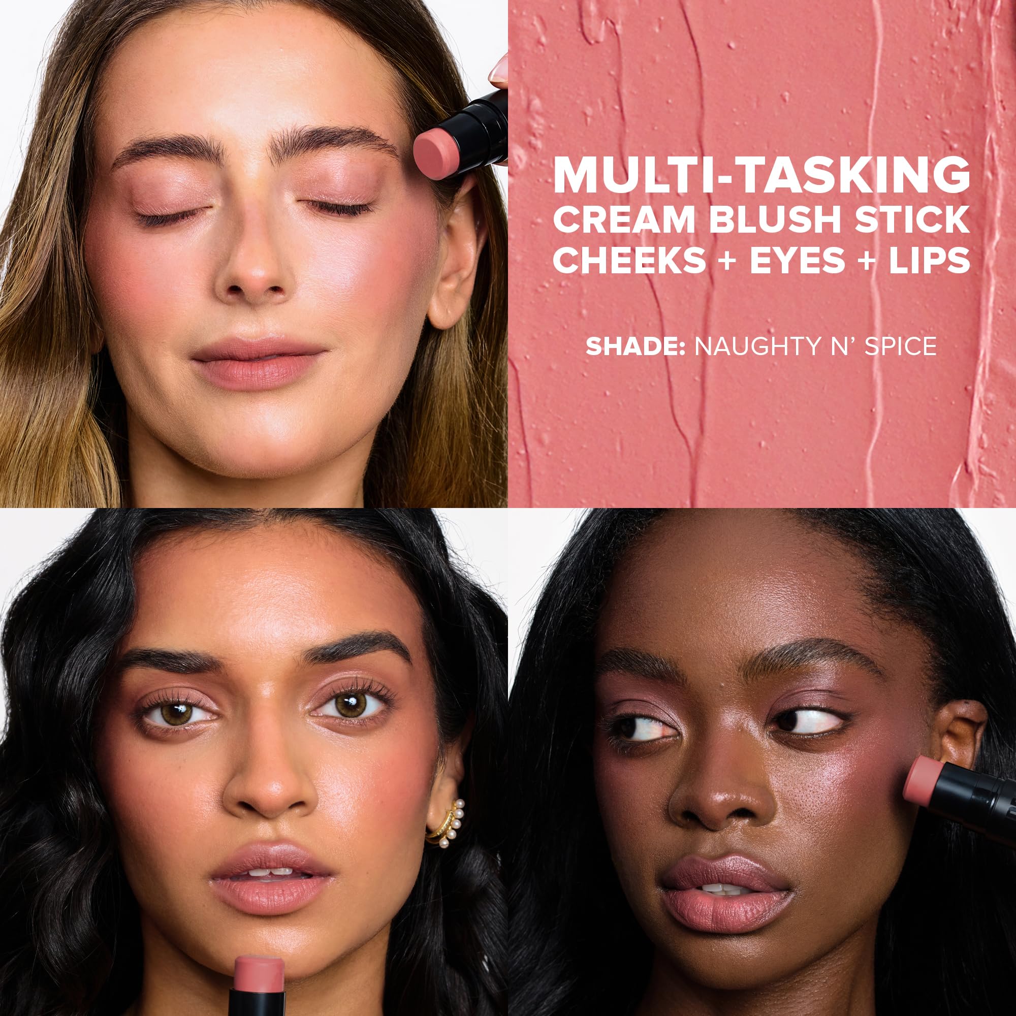 Nudestix Nudies Blush Stick Naughty N’ Spice swatch on cheek showing natural flush