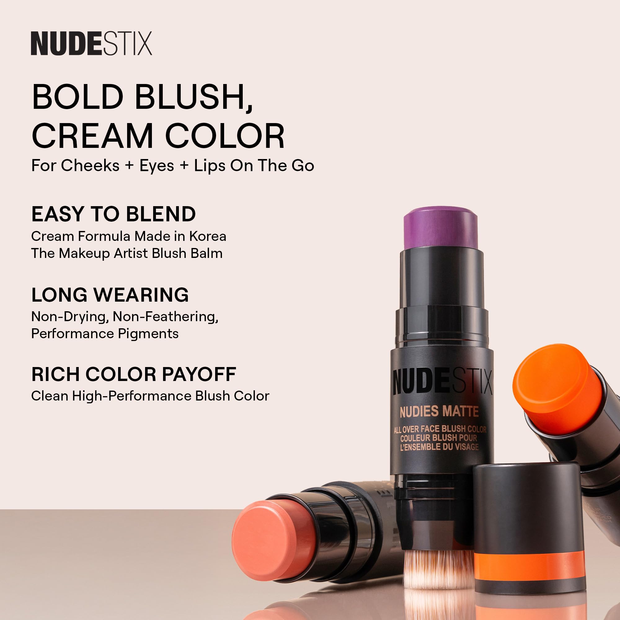 Nudestix Nudies Blush Stick soft matte finish adds natural-looking flush.