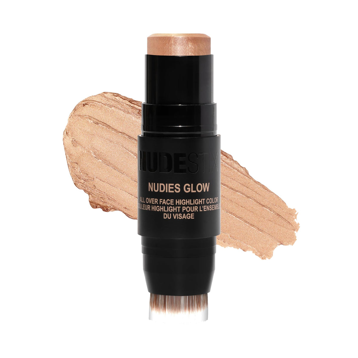 Nudestix Nudies Glow Highlighter Stick built-in brush for quick luminous highlighting.