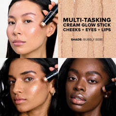 Nudestix Nudies Glow Highlighter Stick champagne-pink Bubbly Bebe on lids for brightness.