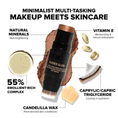 Nudestix Nudies Glow Highlighter Stick dewy finish on skin for natural radiance.