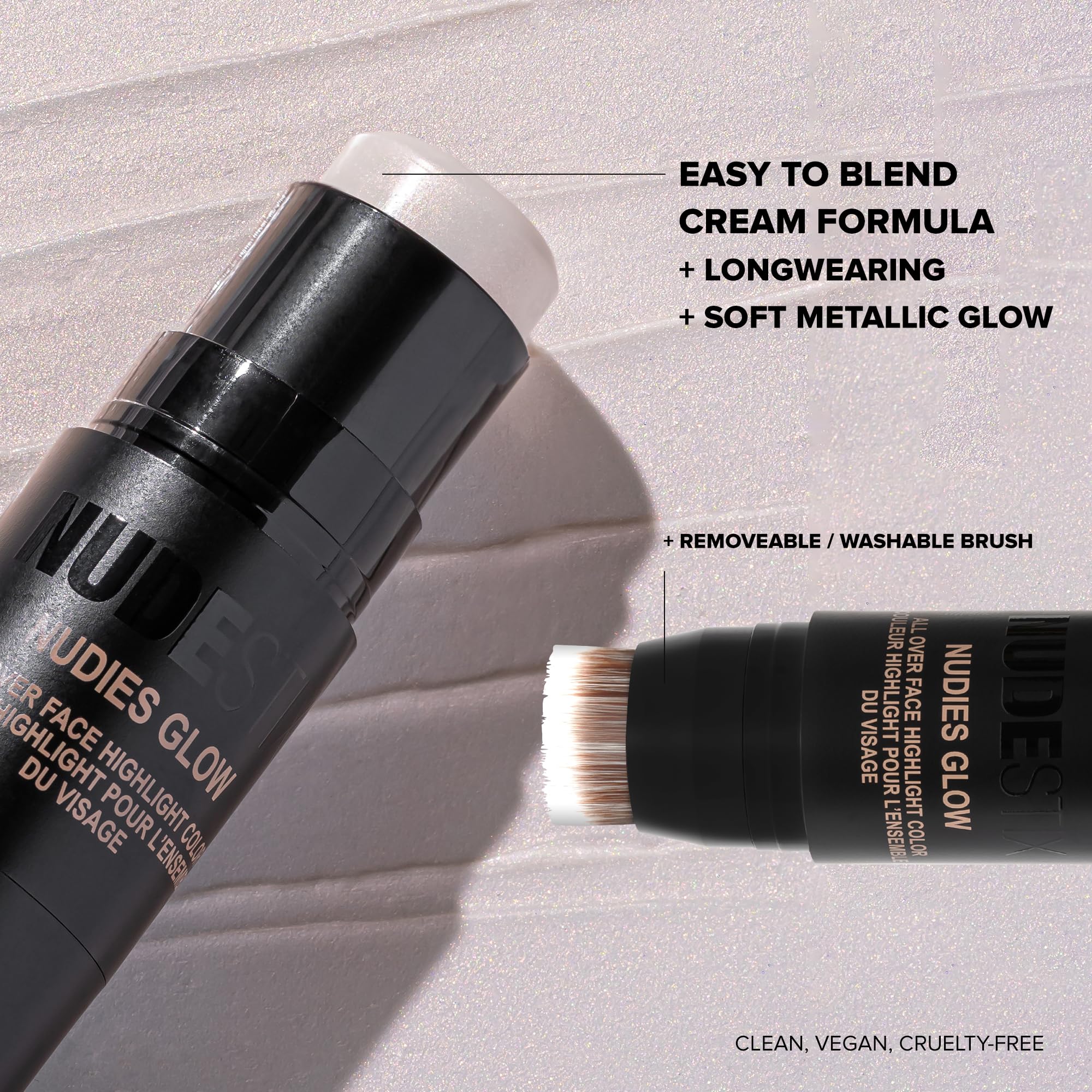 Nudestix Nudies Glow Highlighter Stick applied on cheeks, eyes, and lips for glow.