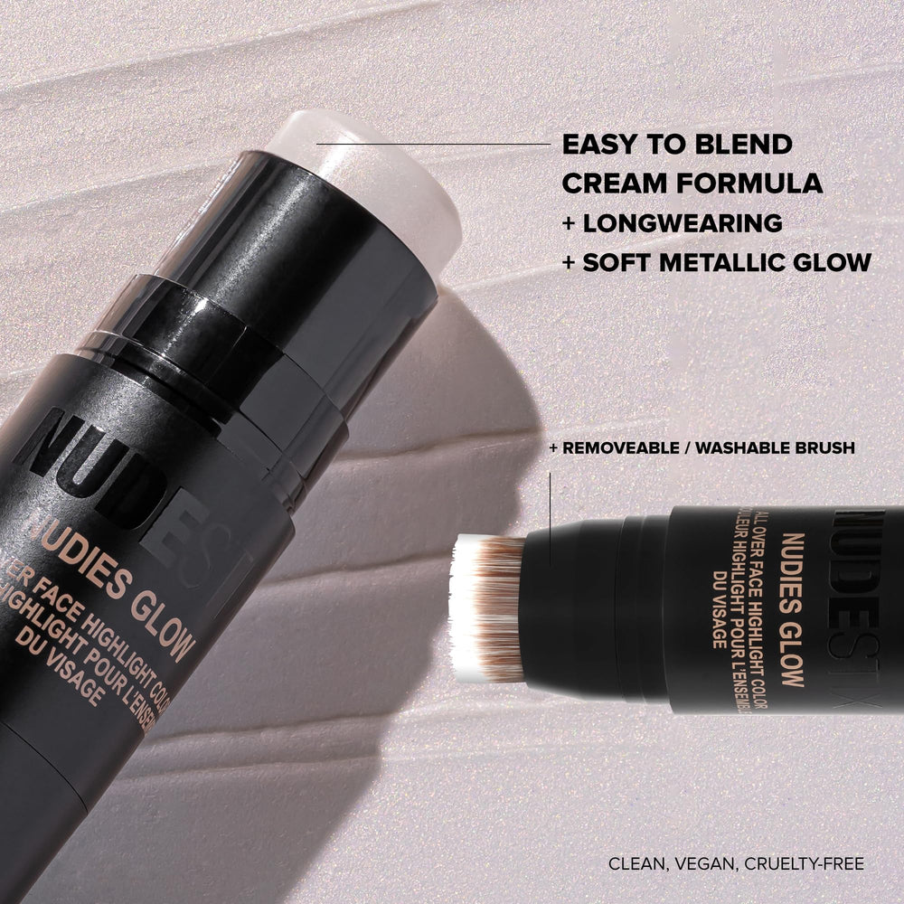 Nudestix Nudies Glow Highlighter Stick applied on cheeks, eyes, and lips for glow.