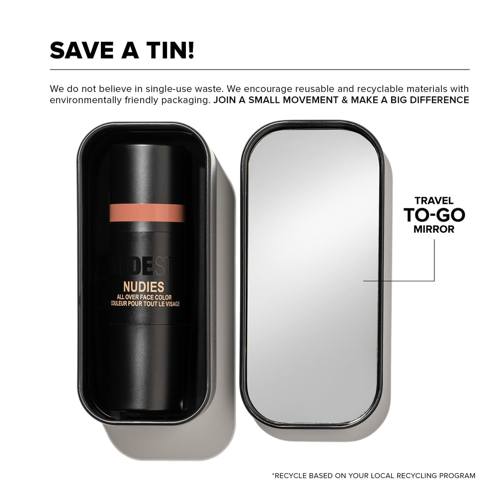 Nudestix Nudies Glow Highlighter Stick recyclable tin packaging for eco-conscious use.
