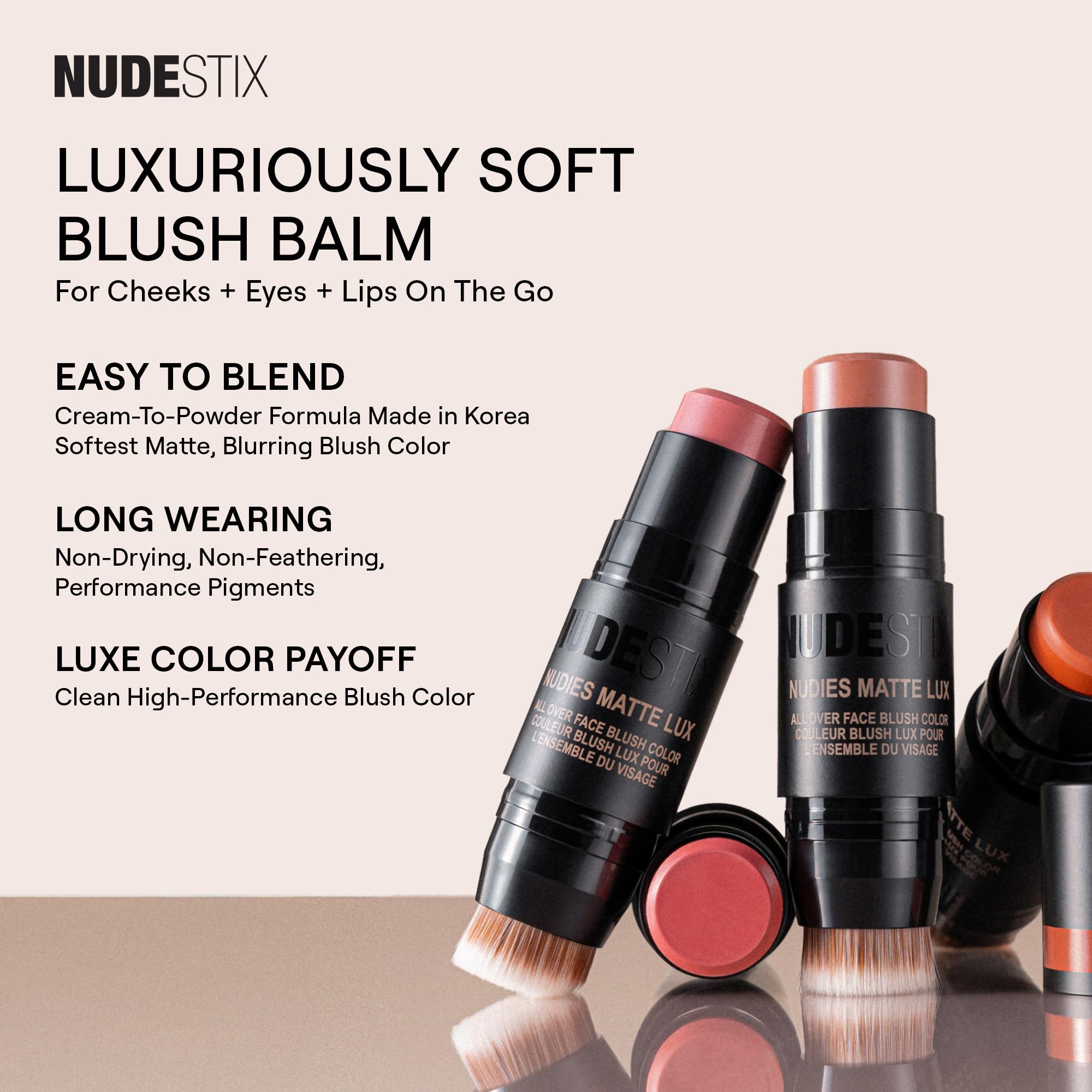 Three-in-one use on cheeks, eyes, and lips.