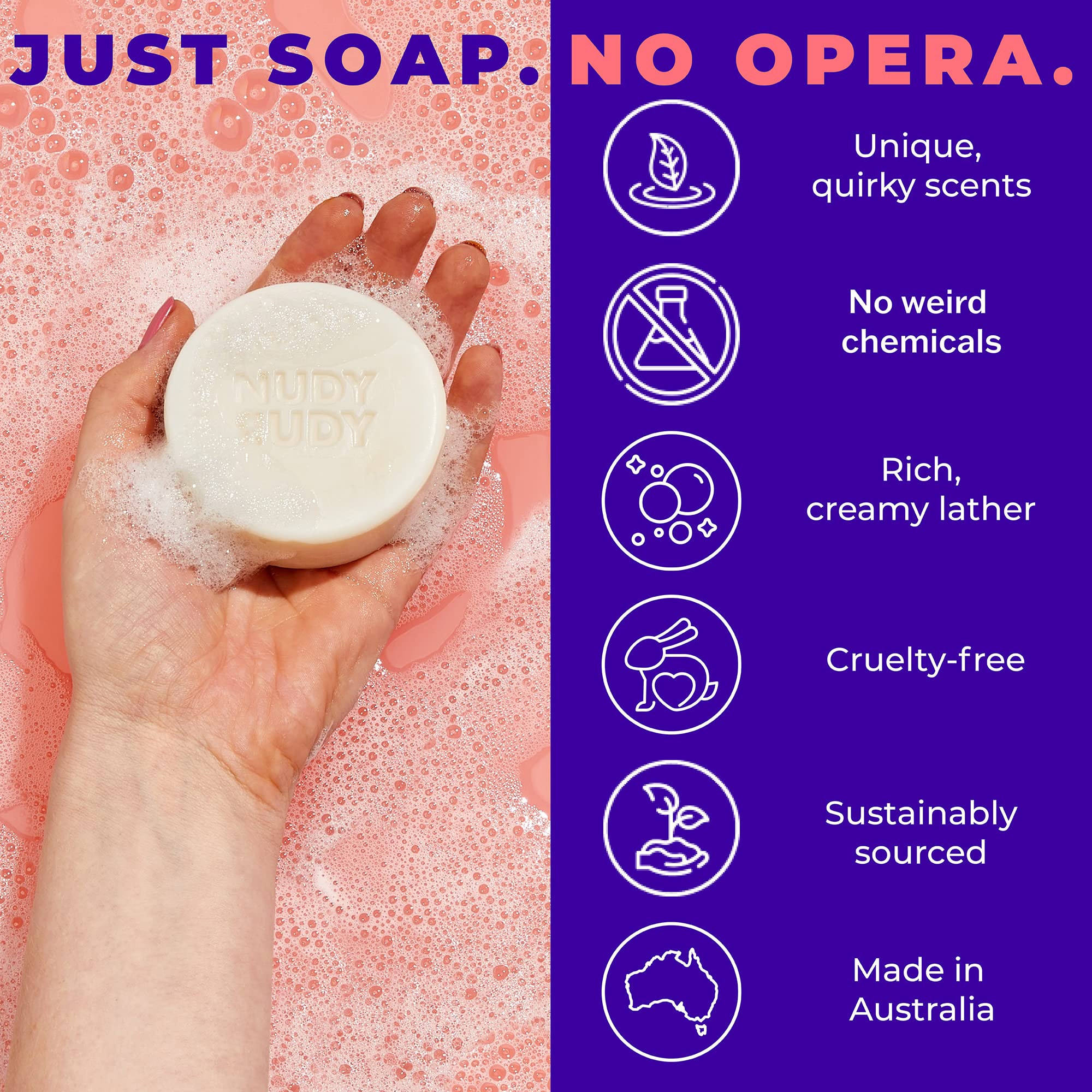 Nudy Rudy Hunny Bunny soap bar puck close-up highlights creamy lather and natural ingredients.