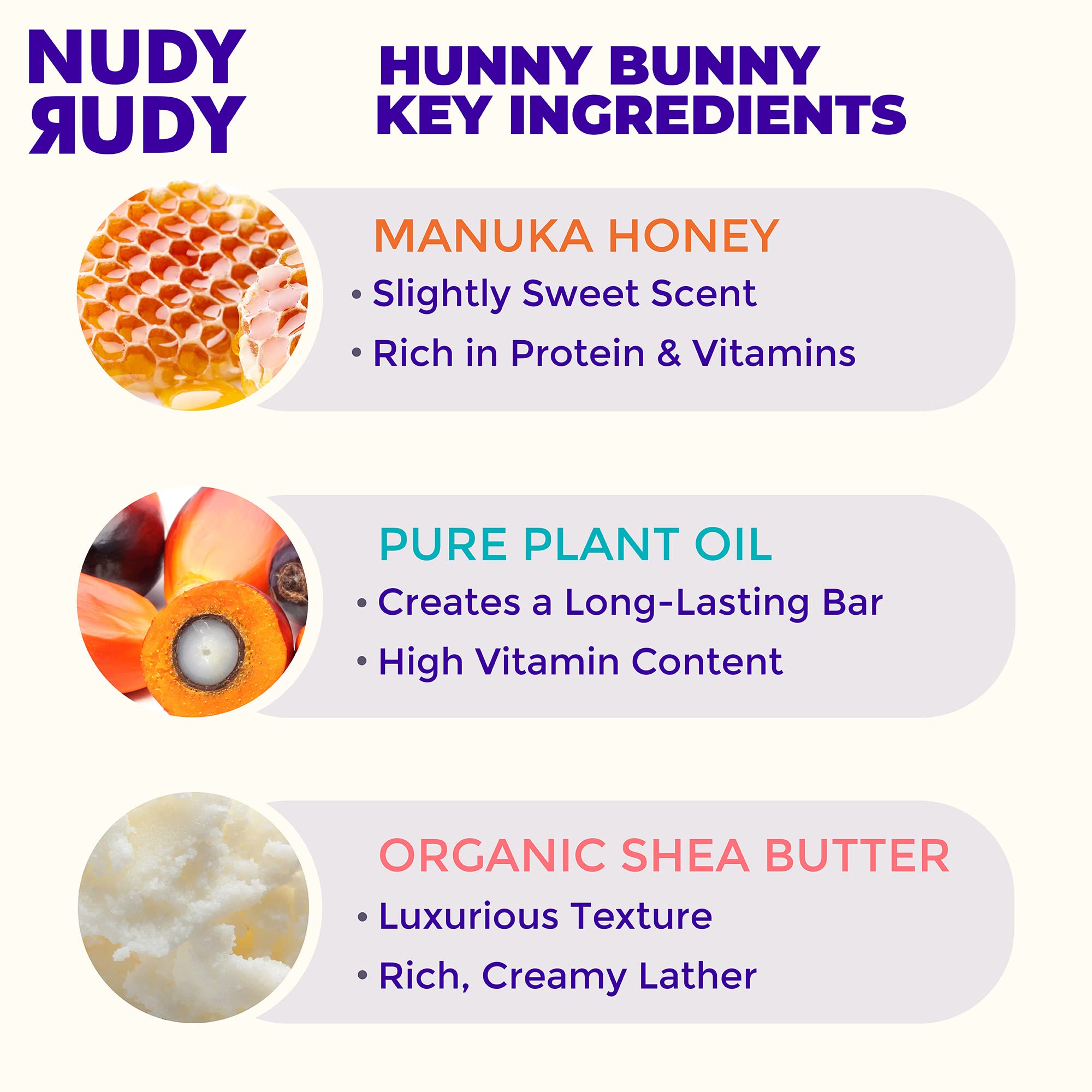 Nudy Rudy Hunny Bunny soap bar puck lather scene shows rich foam for gentle cleansing.