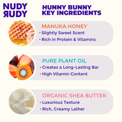 Nudy Rudy Hunny Bunny soap bar puck lather scene shows rich foam for gentle cleansing.