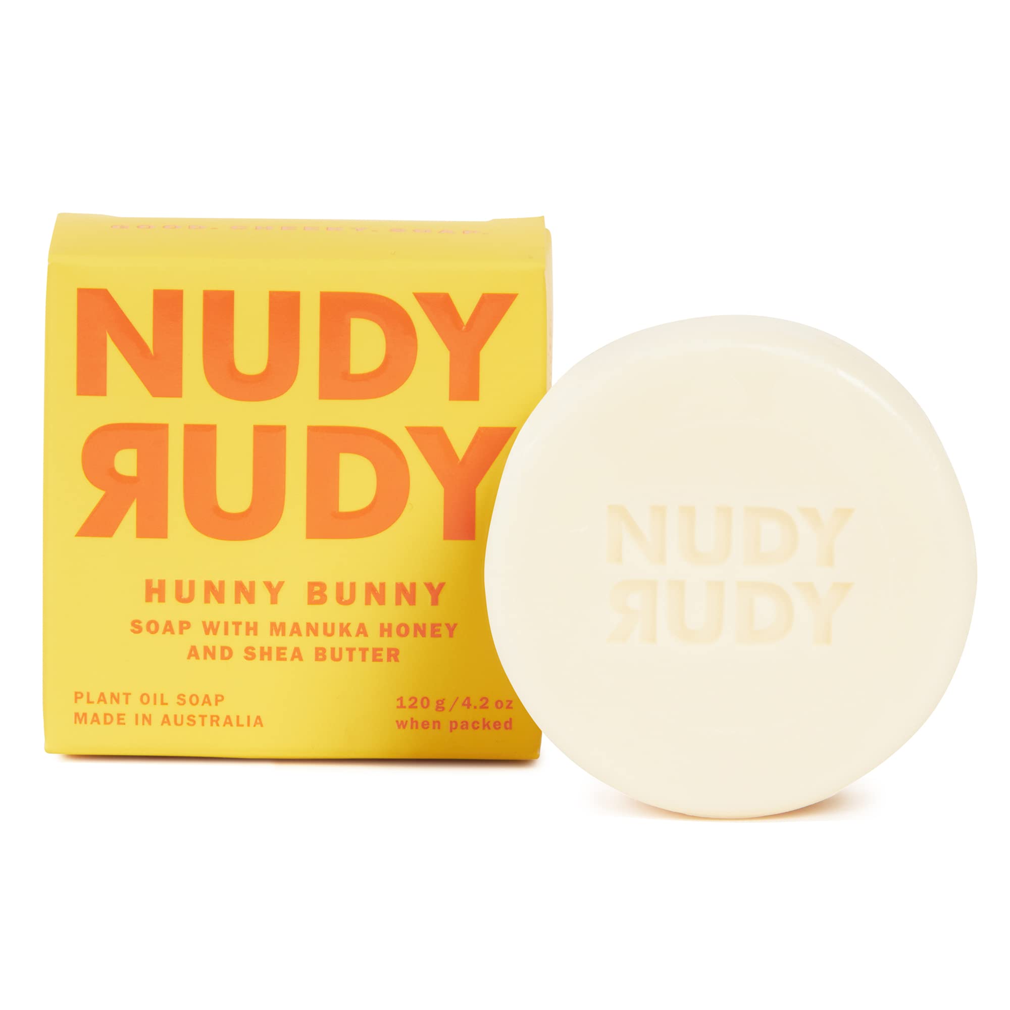 Nudy Rudy Hunny Bunny soap bar puck in packaging demonstrates premium skincare.