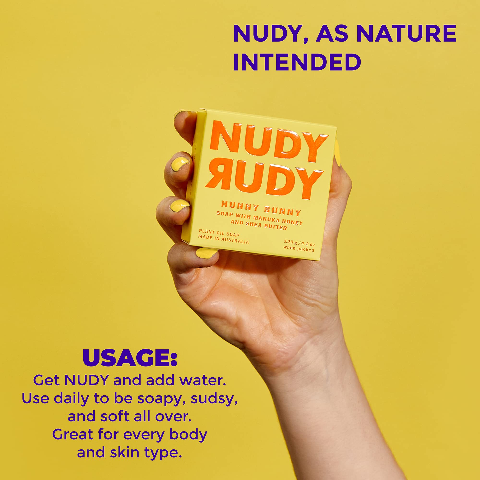 Nudy Rudy Hunny Bunny soap bar puck in shower scene evokes cozy fragrance and clean feel.