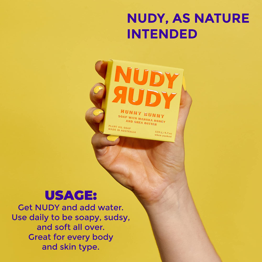 Nudy Rudy Hunny Bunny soap bar puck in shower scene evokes cozy fragrance and clean feel.