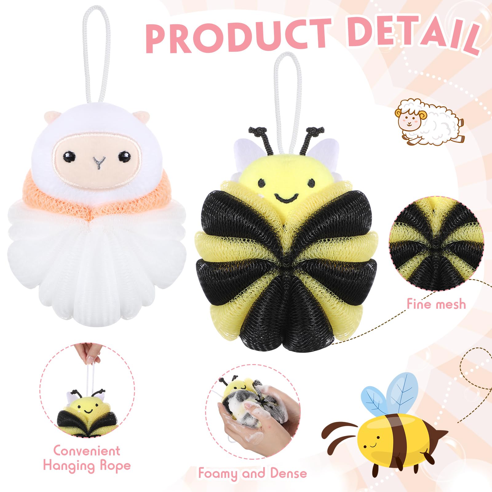 Nuenen kids bath loofah pattern close-up shows adorable character faces.