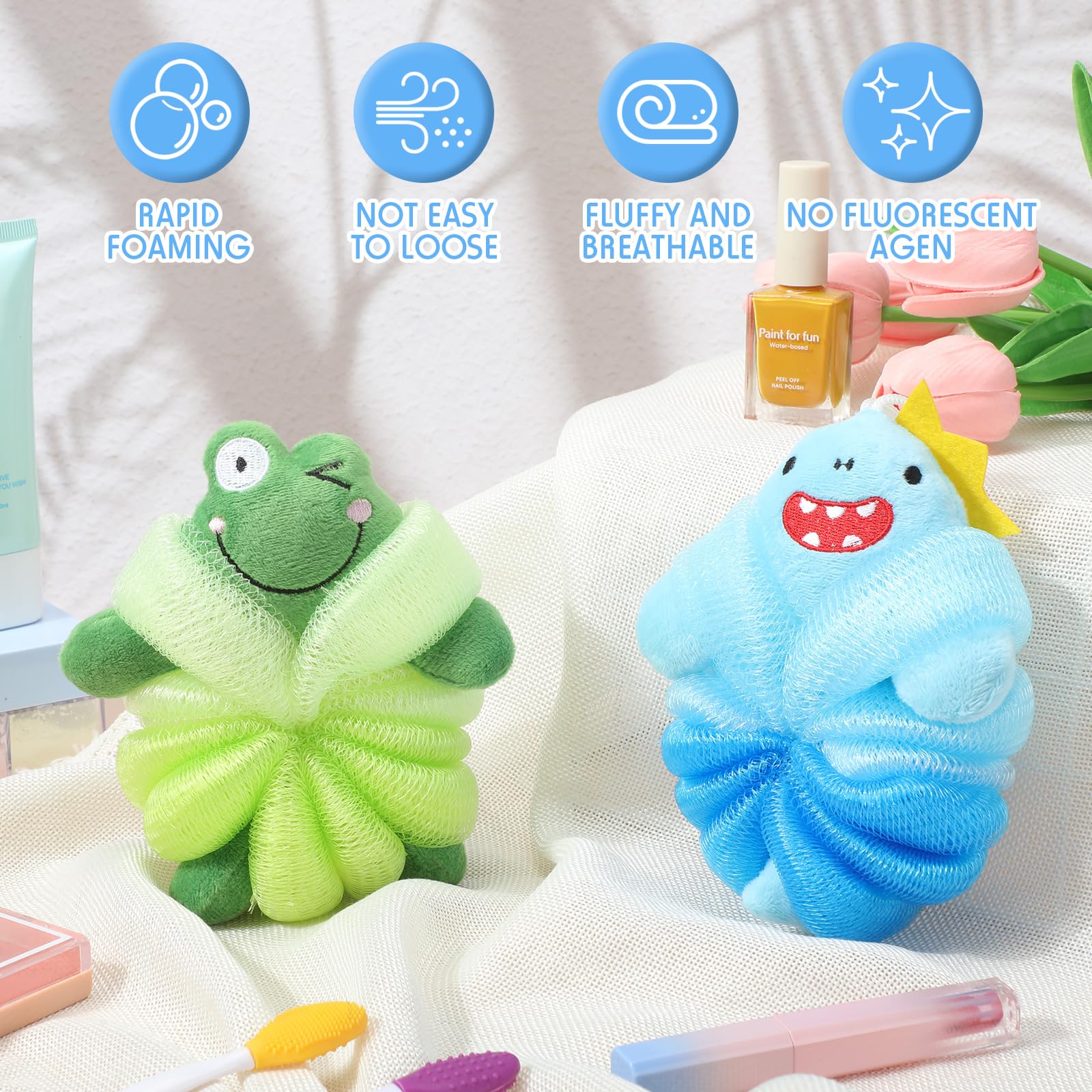 Nuenen loofahs PE material closeup highlighting soft touch.
