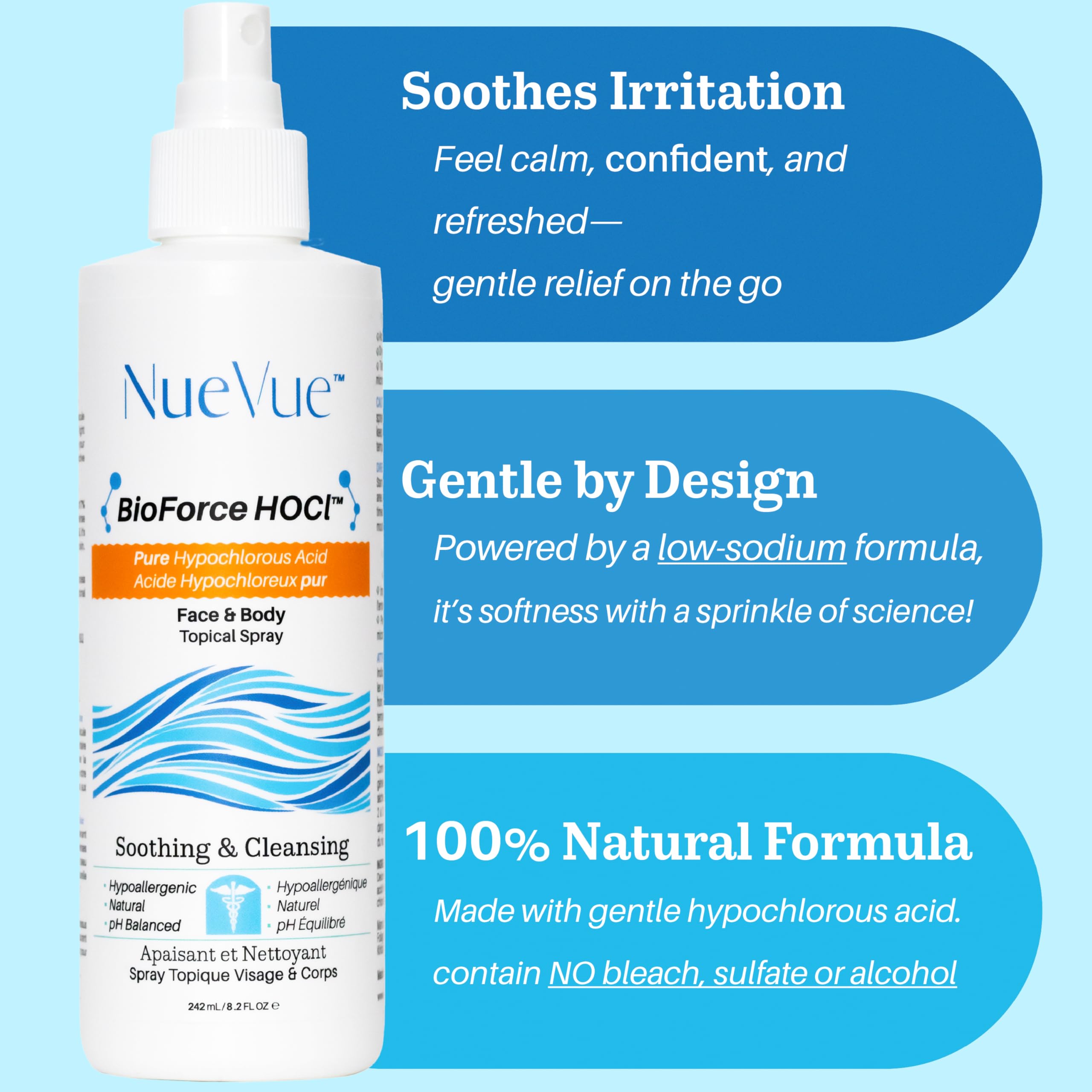 NueVue BioForce HOCl spray body mist provides full coverage with a non-drip formula