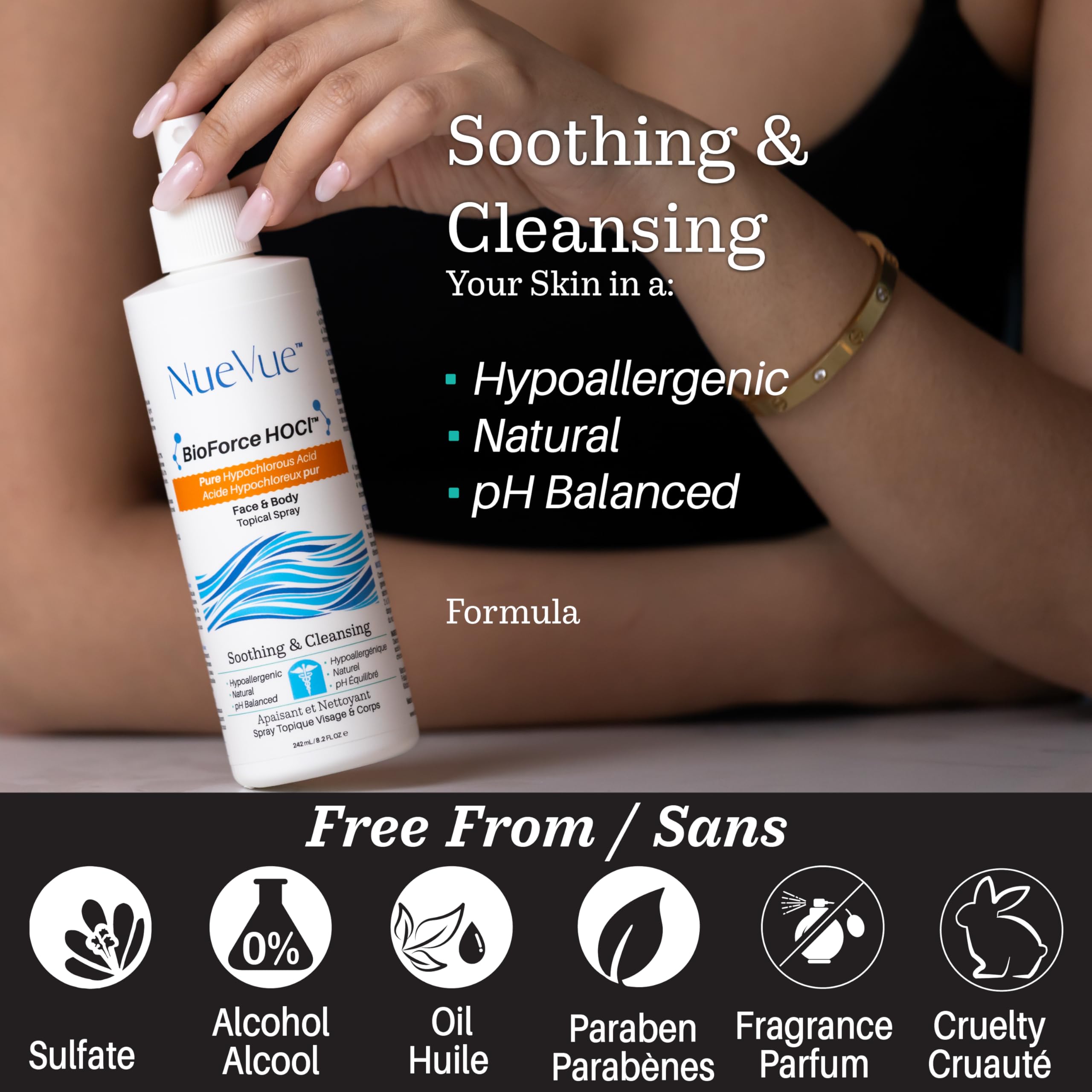 NueVue BioForce HOCl spray demonstrates pH balance for skin calmness